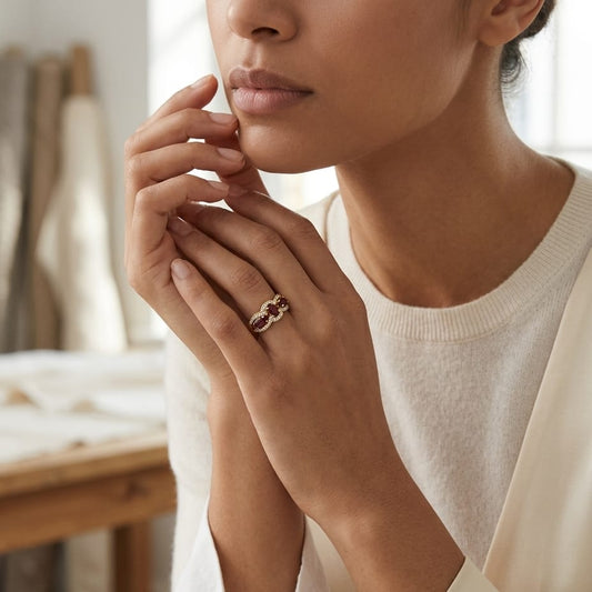 Garnet & Diamond Wave Ring 1/6ctw in 14K White Gold - editorial