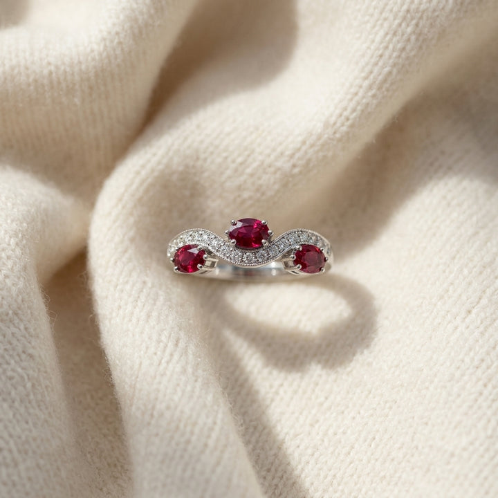Garnet & Diamond Wave Ring 1/6ctw in 14K White Gold - flat lay