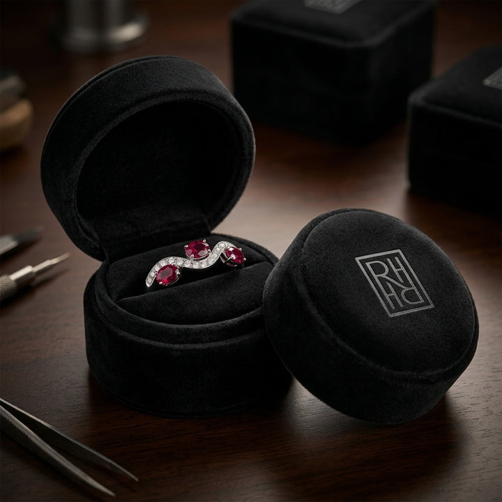 Garnet & Diamond Wave Ring 1/6ctw in 14K White Gold - presentation