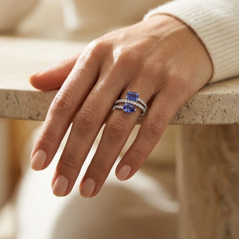 Tanzanite Pear & Emerald Cut Ring with Pave Split Shank in 14K White Gold - editorial