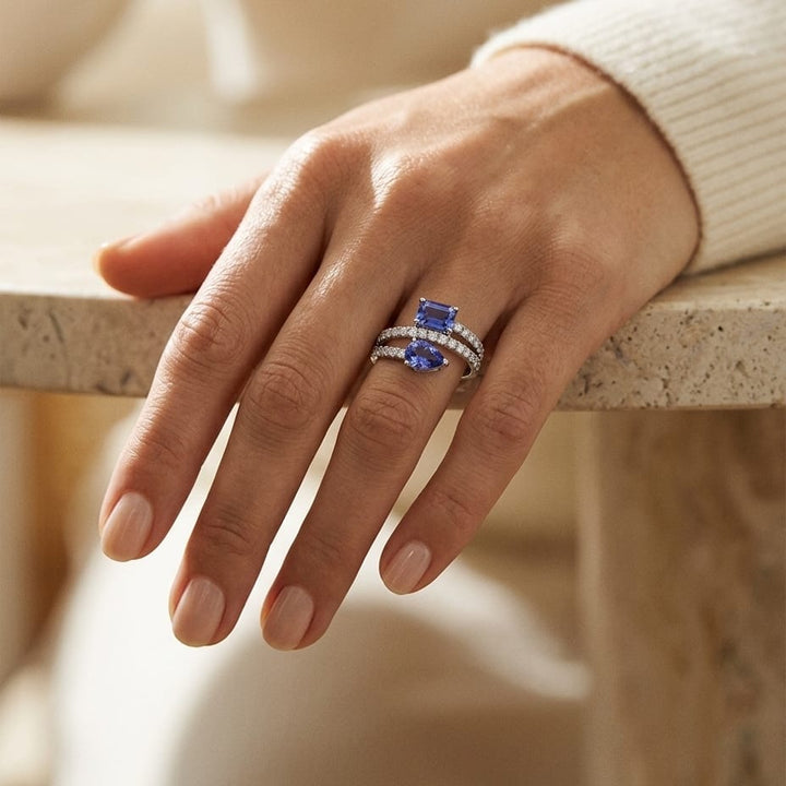Tanzanite Pear & Emerald Cut Ring with Pave Split Shank in 14K White Gold - editorial
