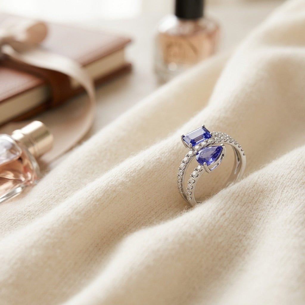 Tanzanite Pear & Emerald Cut Ring with Pave Split Shank in 14K White Gold - flat lay