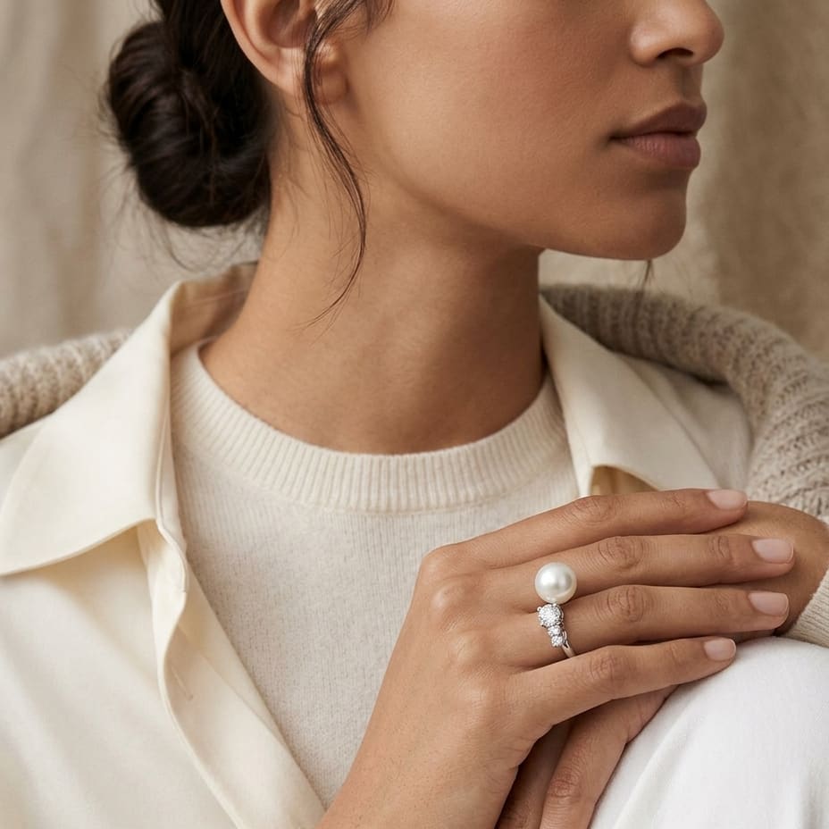 Pearl & Diamond Ring 3/8ctw in 14K White Gold - editorial