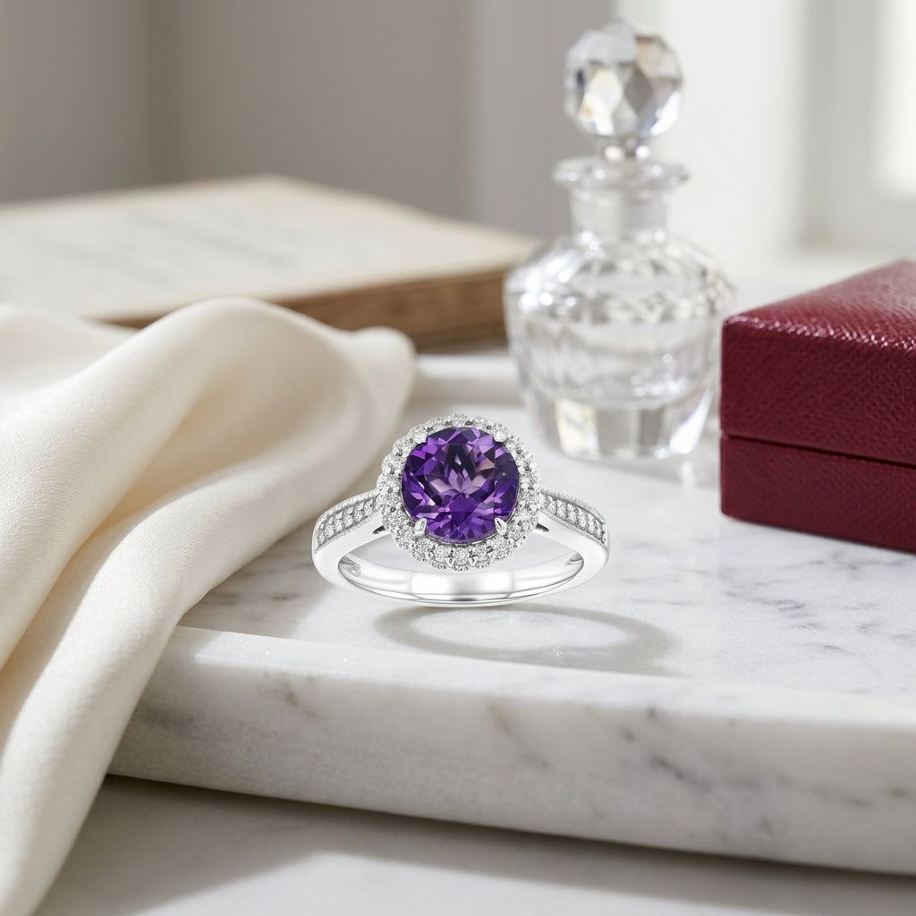Amethyst & Diamond Halo Ring 1/5ctw in 14K White Gold - lifestyle