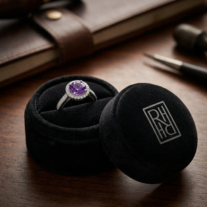Amethyst & Diamond Halo Ring 1/5ctw in 14K White Gold - presentation