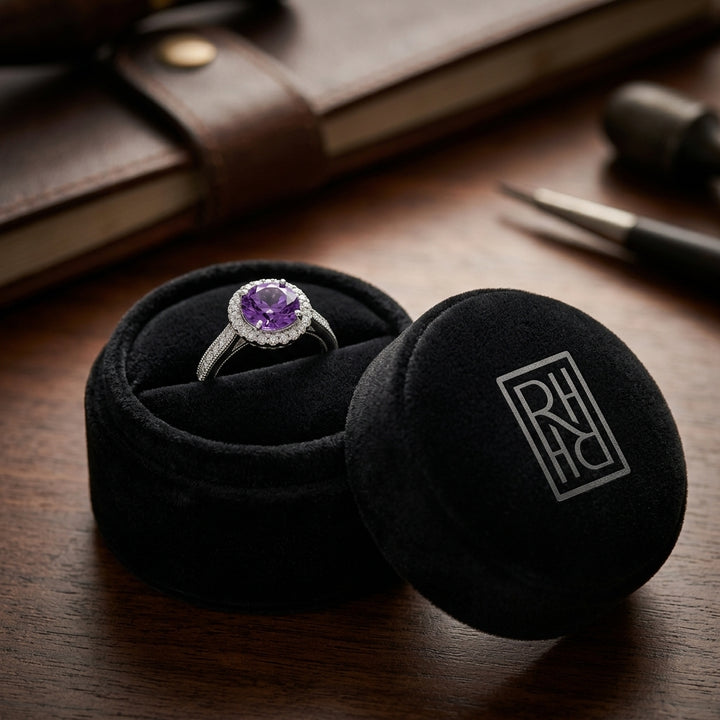 Amethyst & Diamond Halo Ring 1/5ctw in 14K White Gold - presentation