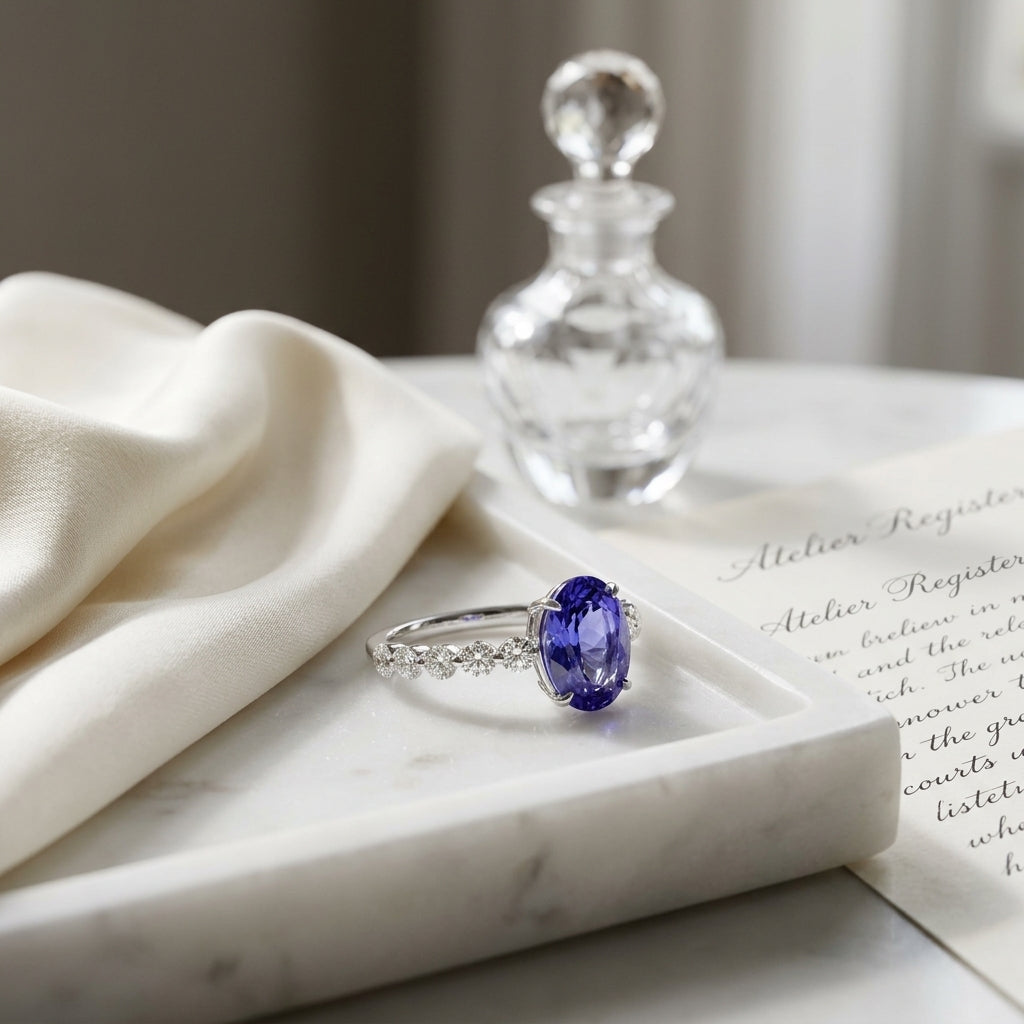 Tanzanite Oval Floating Diamond Ring 1/3ctw in 14K White Gold - editorial