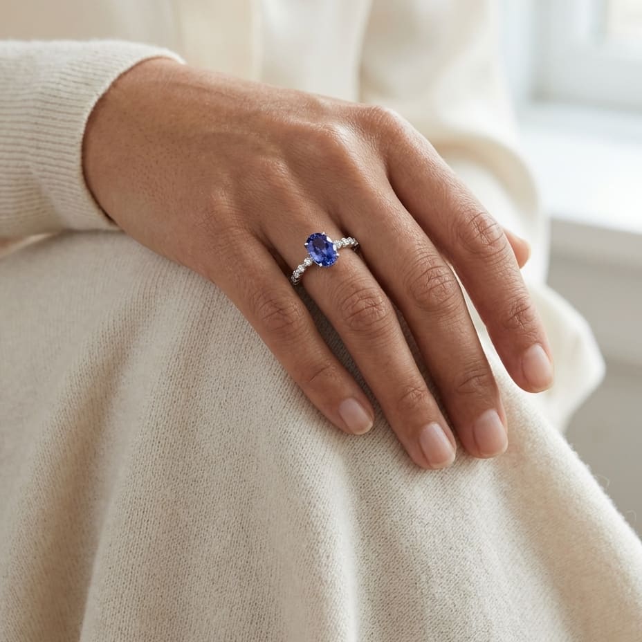 Tanzanite Oval Floating Diamond Ring 1/3ctw in 14K White Gold - lifestyle