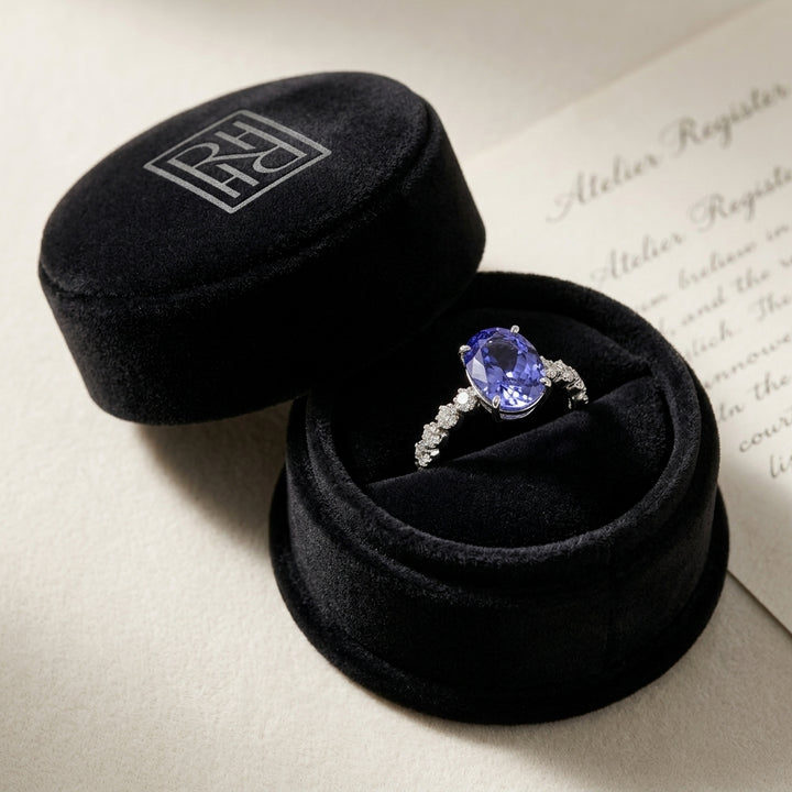 Tanzanite Oval Floating Diamond Ring 1/3ctw in 14K White Gold - presentation