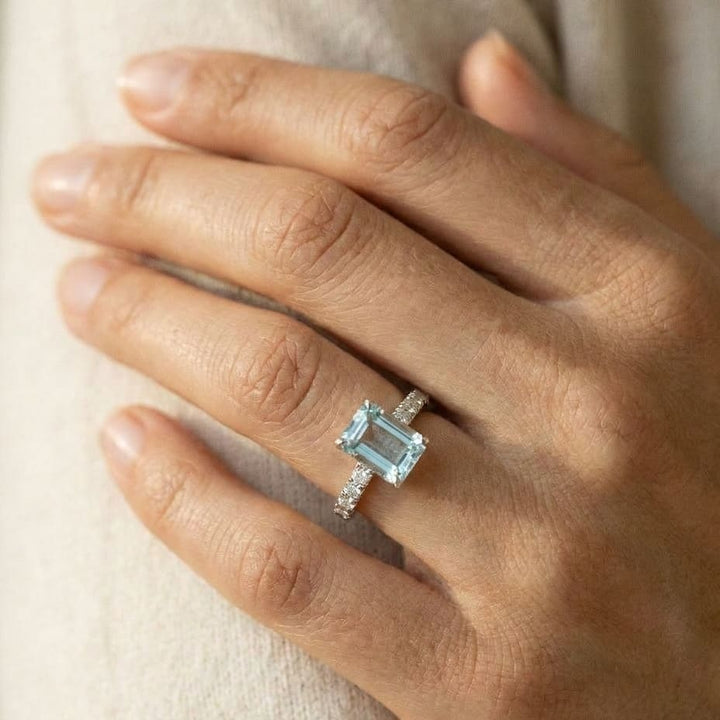 Aquamarine and Diamond Corrugated Shank Ring in 14k White Gold 0.08ctw, worn on hand, close-up