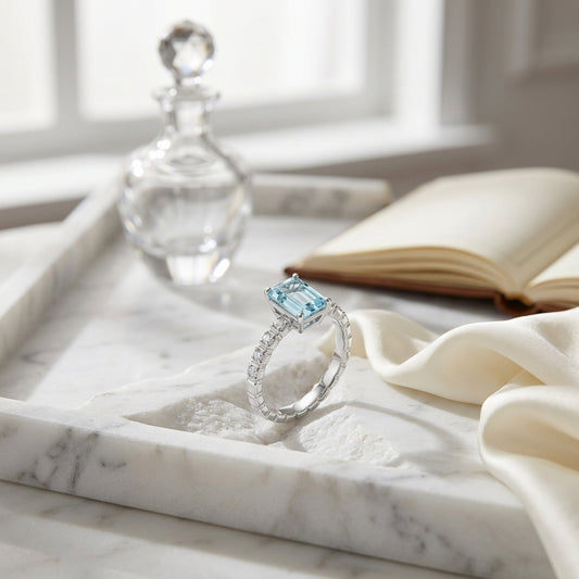 Aquamarine & Diamond Corrugated Shank Ring 1/12ctw in 14K White Gold - editorial