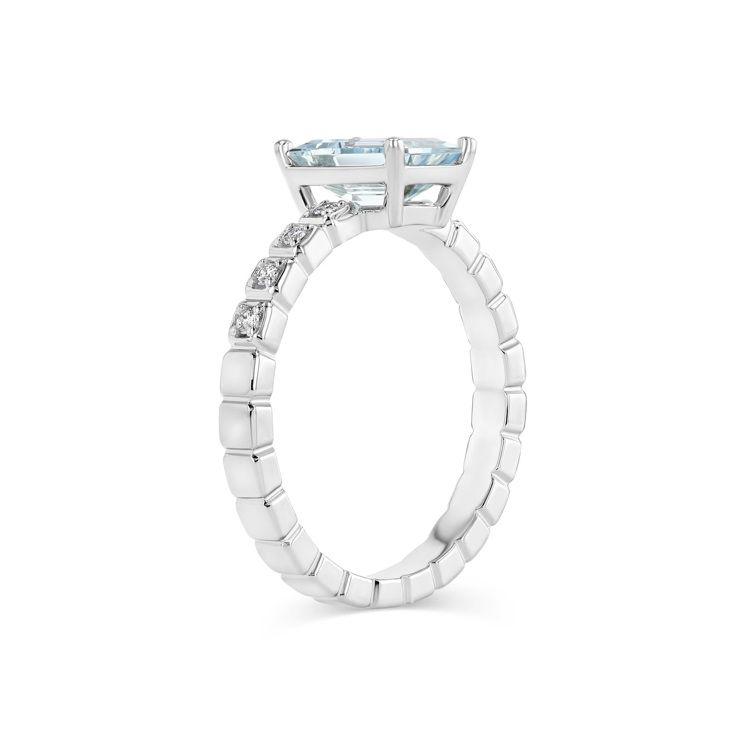 Aquamarine and Diamond Corrugated Shank Ring, in 14K White Gold – detail view | RockHer