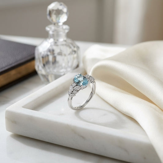Aquamarine & Diamond Ring 1/3ctw in 14K White Gold - editorial