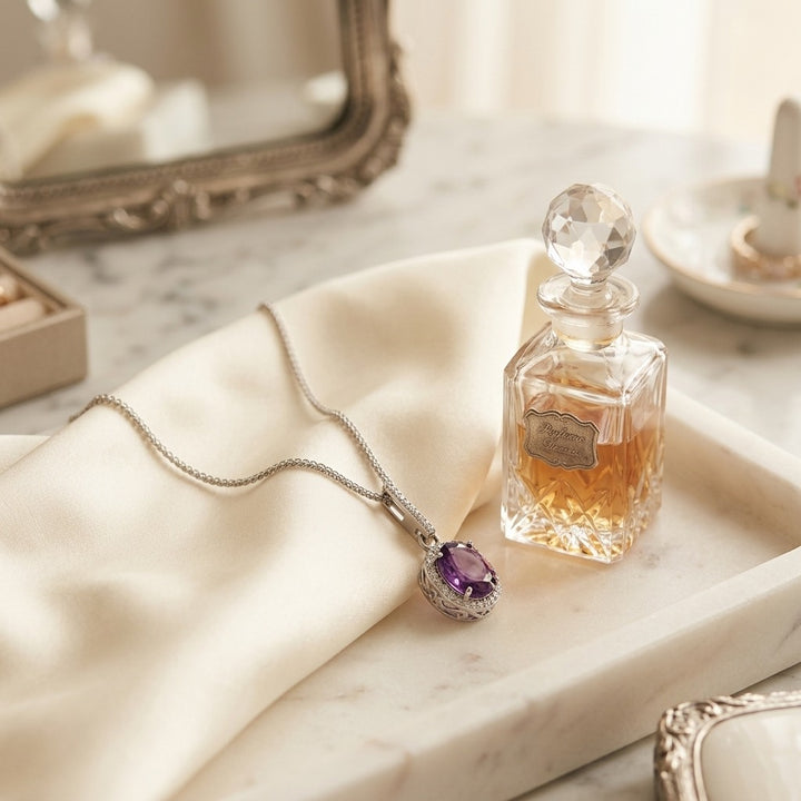 Amethyst & Diamond Oval Halo Pendant with Slim Bail in 14K White Gold - lifestyle