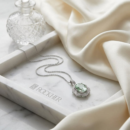 Green Quartz Pendant in 14K White Gold, on marble vanity tray with silk