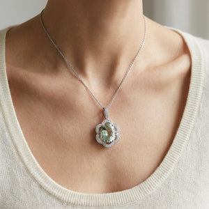 Green Quartz Pendant in 14K White Gold, worn close-up portrait