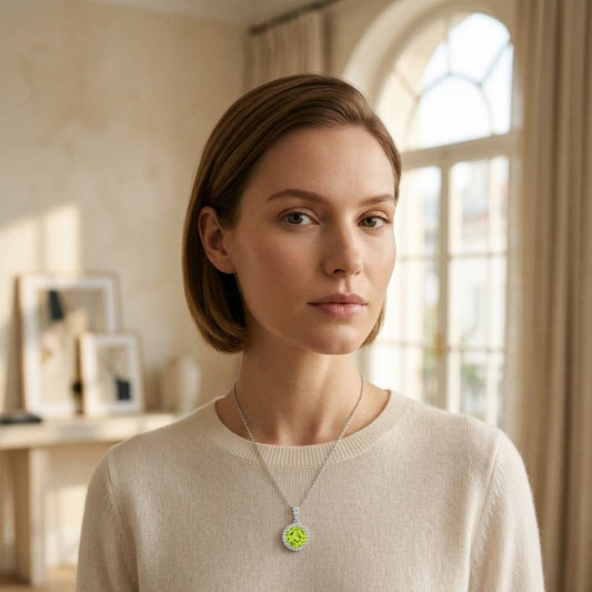 Peridot & Diamond Circle Halo Pendant with 18 Inch Baby Curb Chain in 14K White Gold - editorial