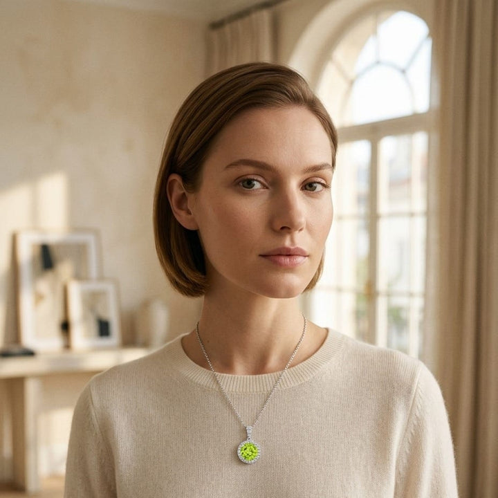 Peridot & Diamond Circle Halo Pendant with 18 Inch Baby Curb Chain in 14K White Gold - editorial