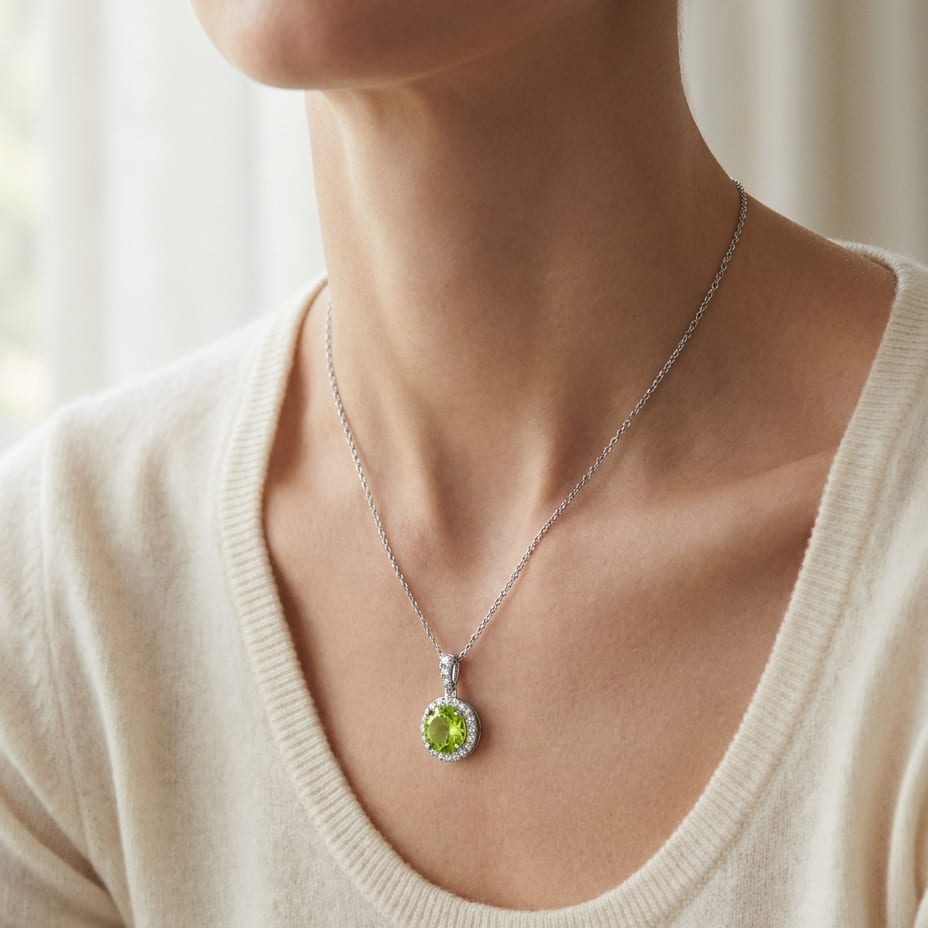 Peridot Halo Pendant in 14K White Gold, worn close-up portrait