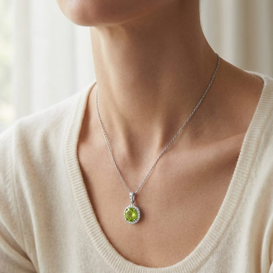 Peridot Halo Pendant in 14K White Gold, worn close-up portrait
