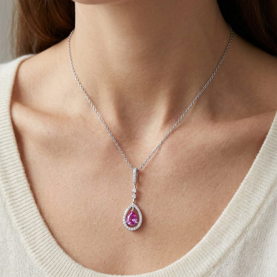 Pink Sapphire & Diamond Pendant, worn close-up portrait