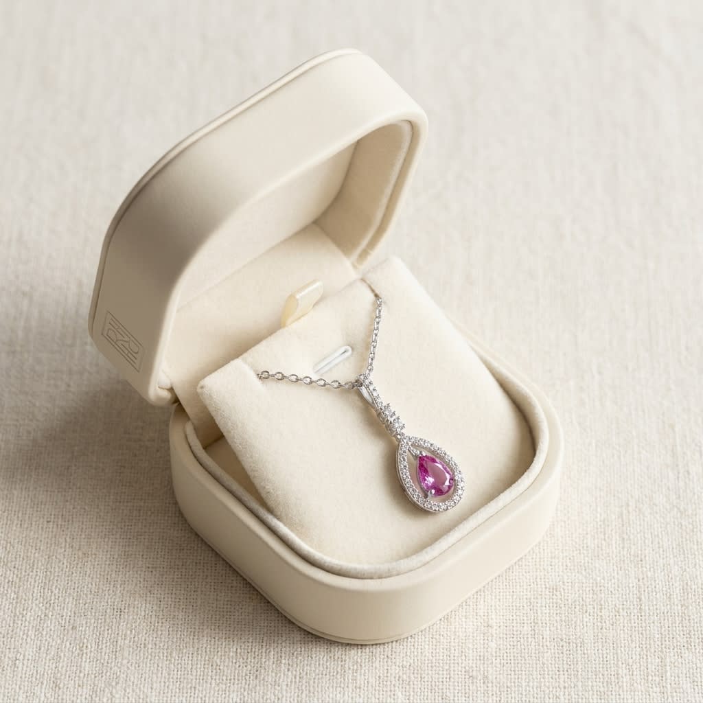 Pink Sapphire & Diamond Pendant, in navy velvet jewelry box