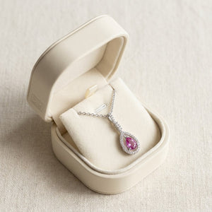 Pink Sapphire & Diamond Pendant, in navy velvet jewelry box