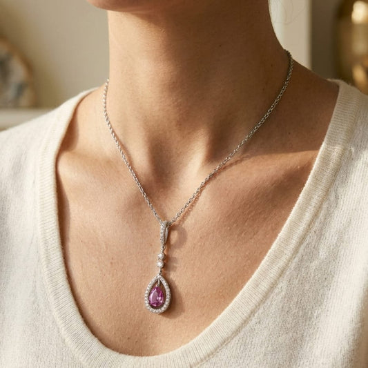 Pink Sapphire and Diamond Pendant in 14K White Gold, 1.00ct, worn close-up portrait