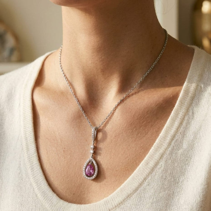 Pink Sapphire and Diamond Pendant in 14K White Gold, 1.00ct, worn close-up portrait