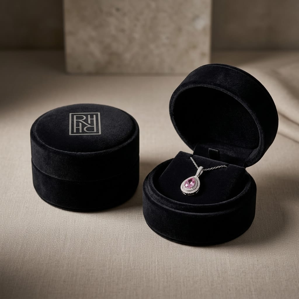 Pink Sapphire and Diamond Pendant in 14K White Gold, 1.00ct, in navy velvet jewelry box