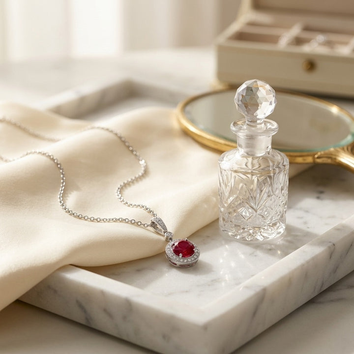 Ruby & Diamond Halo Dangle Pendant & 18-Inch Rolo Chain in 14K White Gold - lifestyle