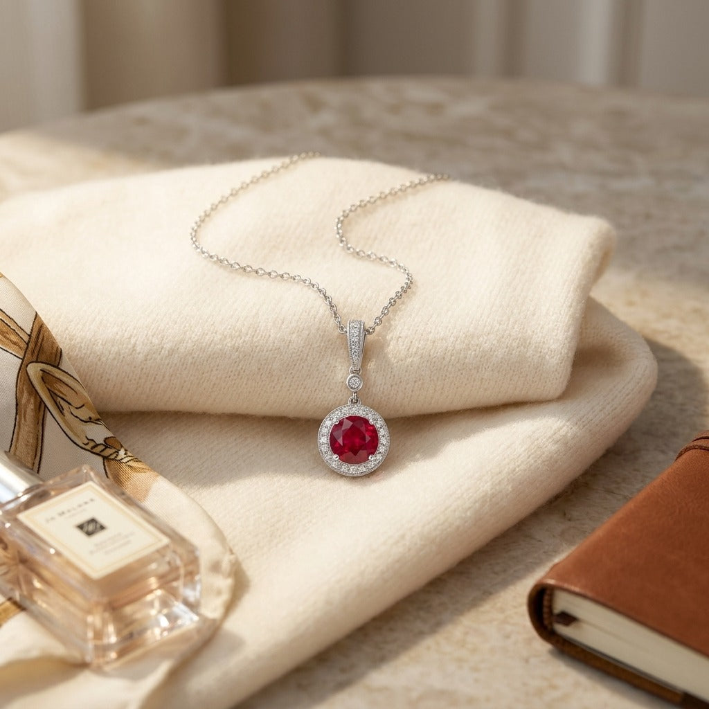 Ruby & Diamond Halo Dangle Pendant & 18-Inch Rolo Chain in 14K White Gold - flat lay