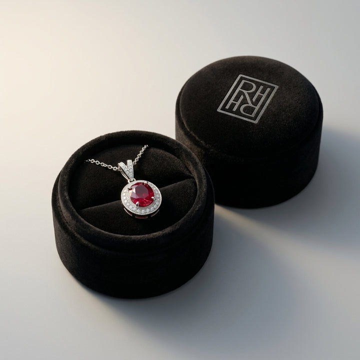 Ruby & Diamond Halo Dangle Pendant & 18-Inch Rolo Chain in 14K White Gold - presentation