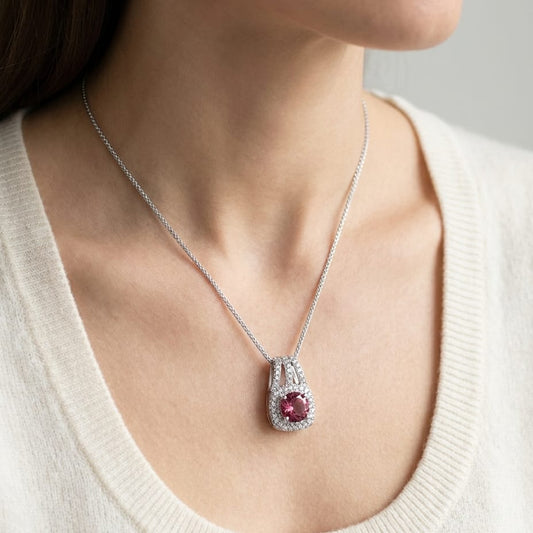 Pink Tourmaline Round Brilliant Pendant in 14K White Gold, worn close-up portrait