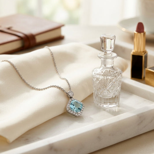 Blue Topaz & Diamond Cushion Kite Pendant 17 Inch Baby Curb Chain in 14K White Gold - editorial