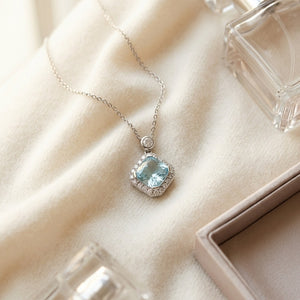 Blue Topaz & Diamond Cushion Kite Pendant 17 Inch Baby Curb Chain in 14K White Gold - flat lay