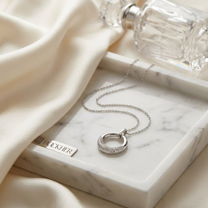 Natural Diamond Round Brilliant Pendant in 14K White Gold, 6 ct. t.w., on marble vanity tray with silk