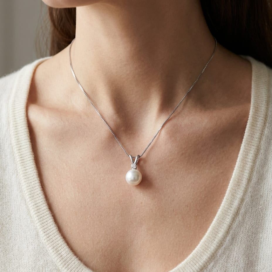 Freshwater Pearl Pear Shape Pendant in 14K White Gold, worn close-up portrait