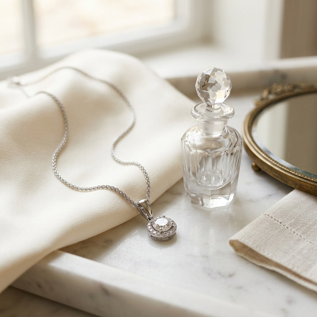 Diamond Halo Pendant with 17 Inch Wheat Chain in 14K White Gold - editorial