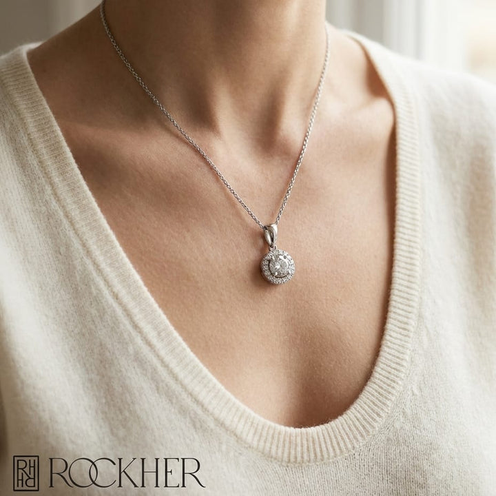 Diamond Halo Pendant in 14K White Gold, worn close-up portrait