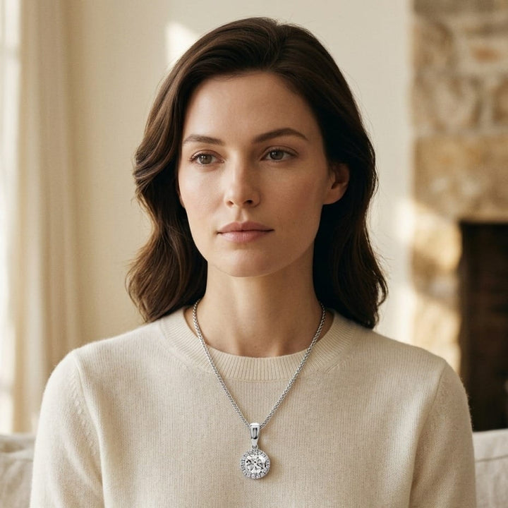Diamond Halo Pendant with 17 Inch Wheat Chain in 14K White Gold - lifestyle