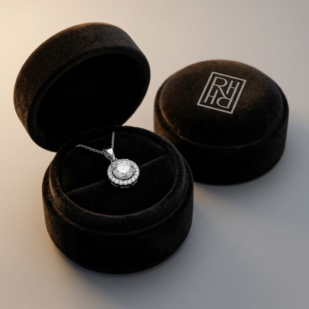 Diamond Halo Pendant in 14K White Gold, in navy velvet jewelry box