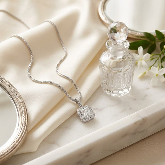 Diamond Princess Cut, Rounded Halo Pendant in 14K White Gold - editorial