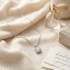 Diamond Princess Cut, Rounded Halo Pendant in 14K White Gold - flat lay