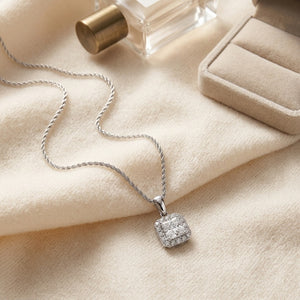 Blue Sapphire Asscher Halo Pendant 17-Inch Chain in 14K White Gold - flat lay
