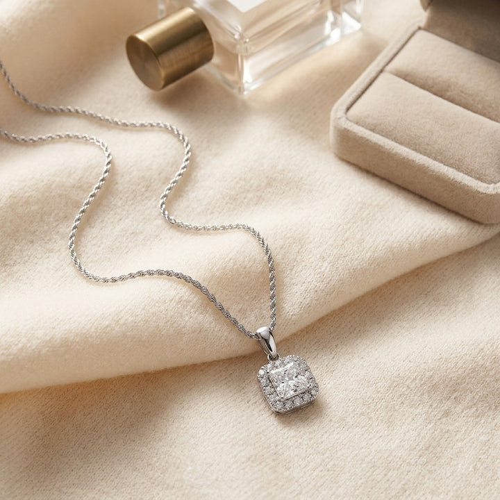 Blue Sapphire Asscher Halo Pendant 17-Inch Chain in 14K White Gold - flat lay