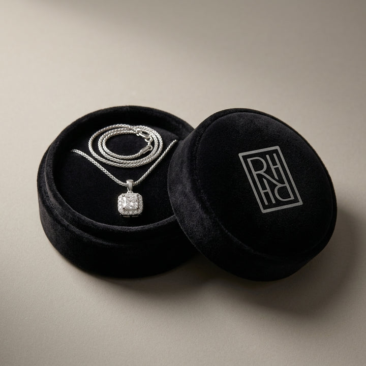 Blue Sapphire Asscher Halo Pendant 17-Inch Chain in 14K White Gold - presentation