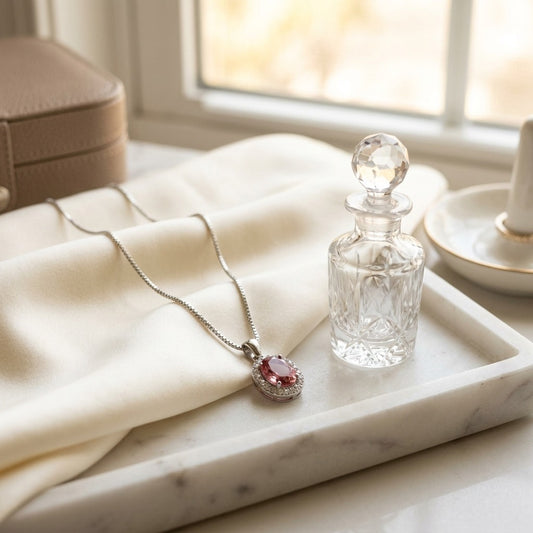 Pink Tourmaline & Diamond Oval Halo Pendant in 14K White Gold - editorial