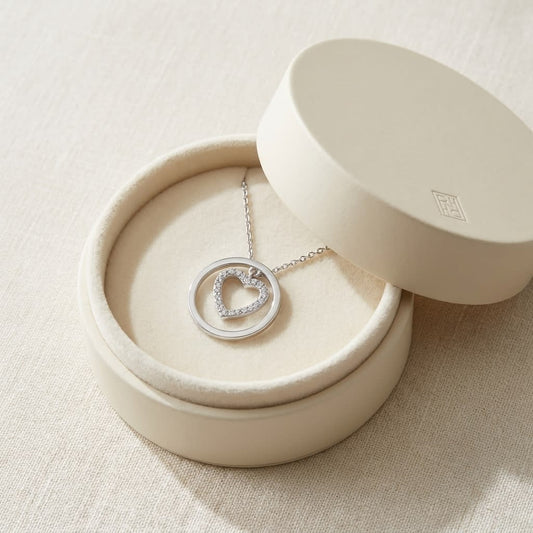 Natural Diamond Heart Shape Pendant in 14K White Gold, in navy velvet jewelry box