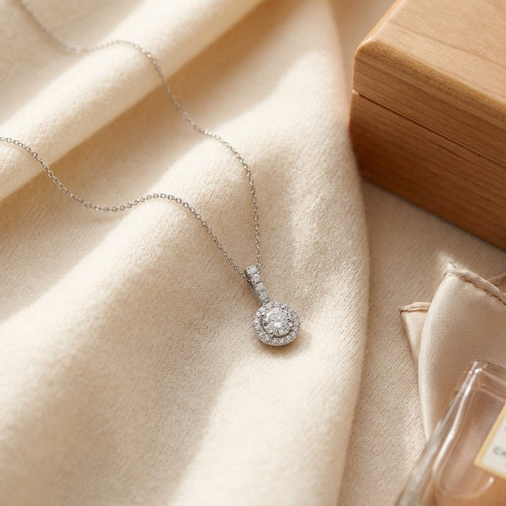 Diamond Round Halo Petite Pendant with Diamond Bail in 14K White Gold - flat lay